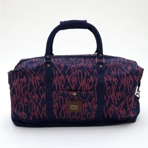 curtis kulig LOVE ME/OBEY collab duffle bag. navy blue & burgandy